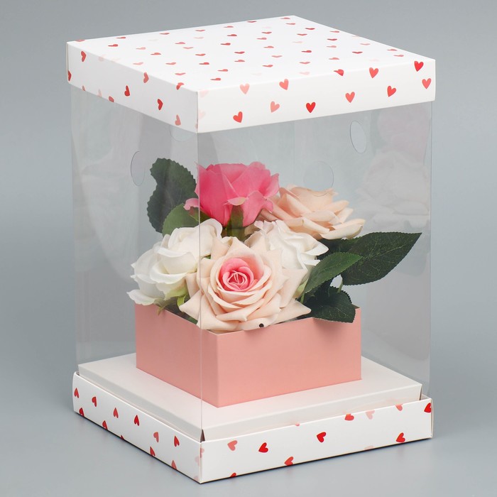 Коробка подарочная для цветов с вазой и PVC окнами складная, упаковка, «Сердца», 16 х 23 х 16 см