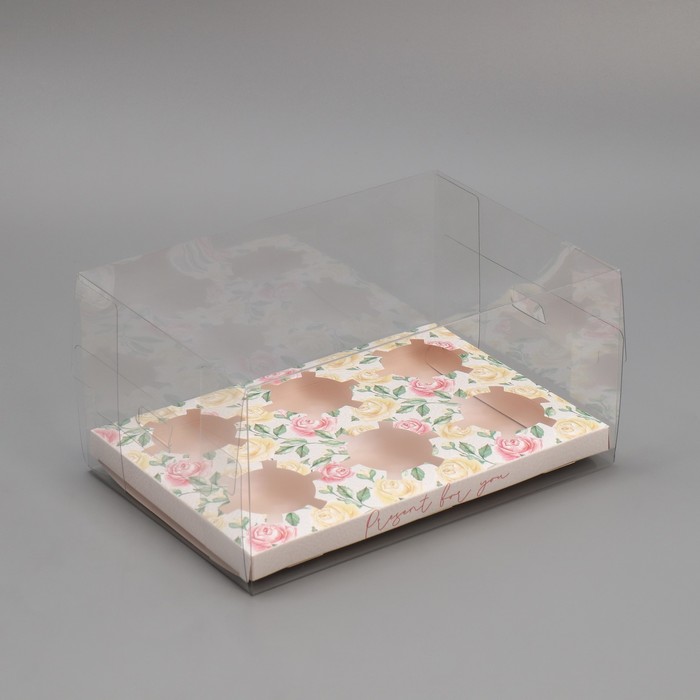 Коробка для капкейка, кондитерская упаковка, 6 ячеек «Розы», 16 х 23 х 11.5 см