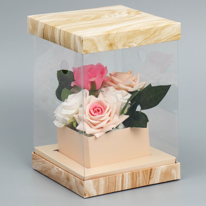 Коробка подарочная для цветов с вазой и PVC окнами складная, упаковка, «Дерево», 16 х 23 х 16 см