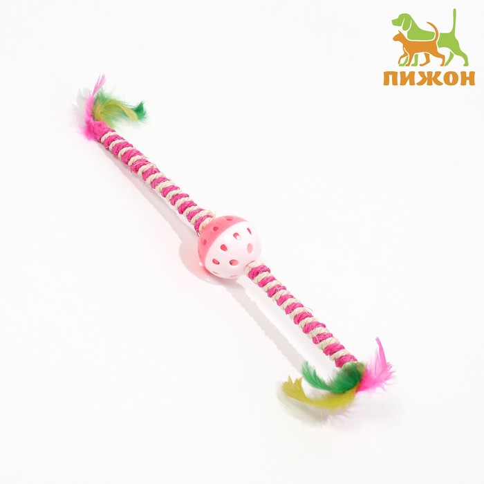 Дразнилка для кошек Двойной пушок, с шариком и сизалевой обмоткой, 32 см, розовая/белая