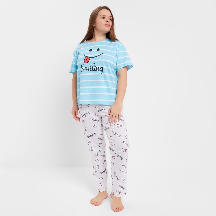 Комплект женский (футболка/брюки), цвет голубой/светло-серый, размер 48