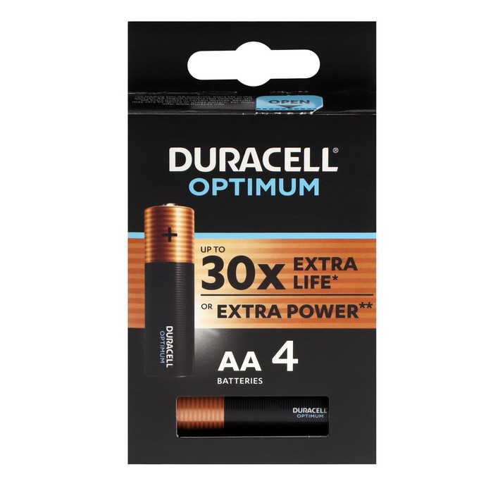 Батарейка алкалиновая Duracell OPTIMUM, AA, LR6-4BL, 1.5В, блистер, 4 шт.