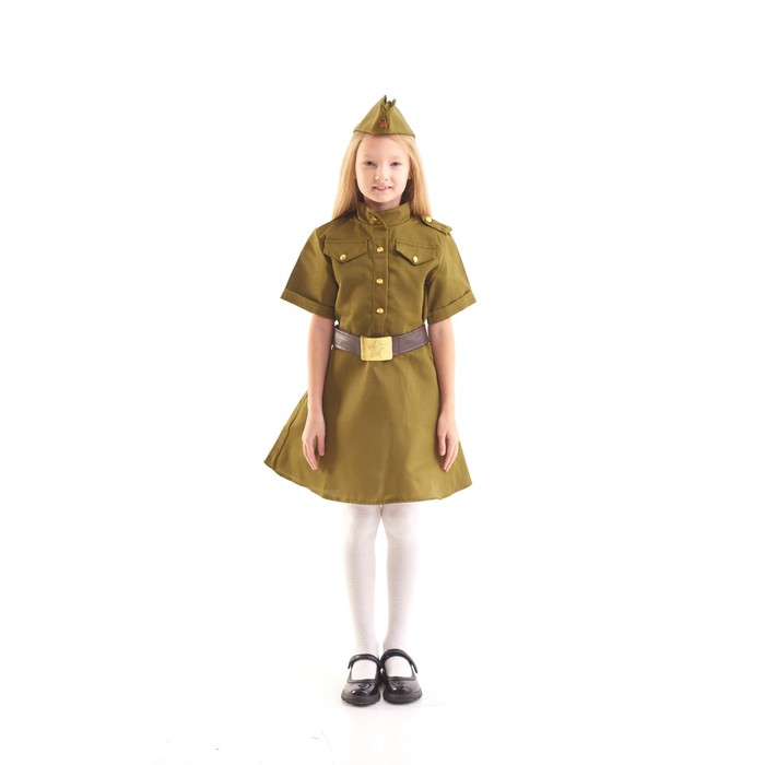 карнавальный костюм для девочки военное платье пилотка ремень 8 10 лет рост 140 152 см 2624591 Платье военное для девочки, пилотка, ремень, 8-10 лет, рост 140-152 см