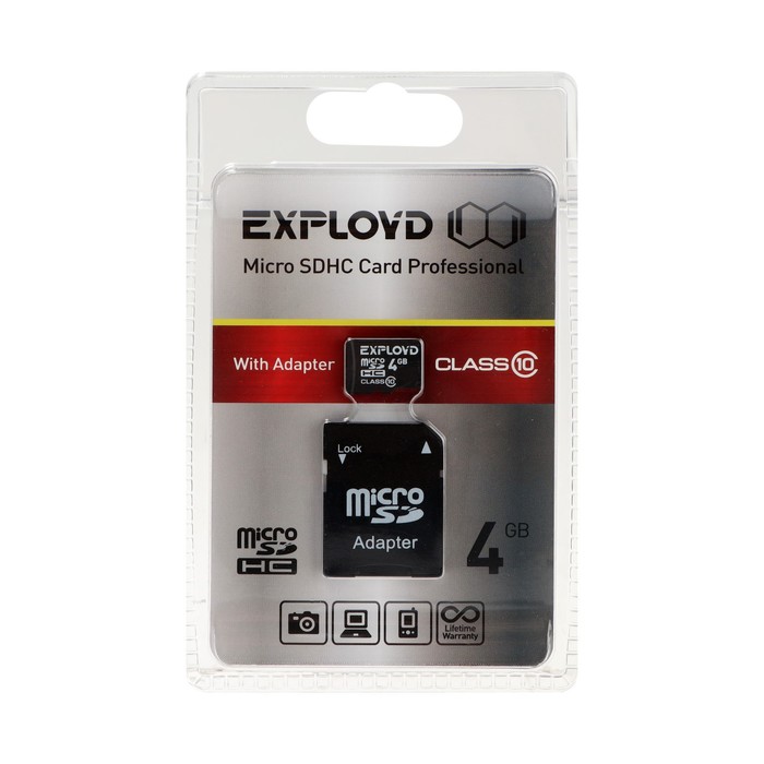 Карта памяти Exployd MicroSD, 4 Гб, SDHC, класс 10, с адаптером SD цена и фото