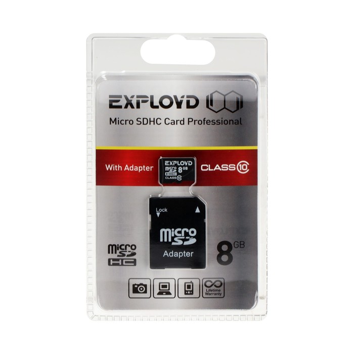 Карта памяти Exployd MicroSD, 8 Гб, SDHC, класс 10, с адаптером SD