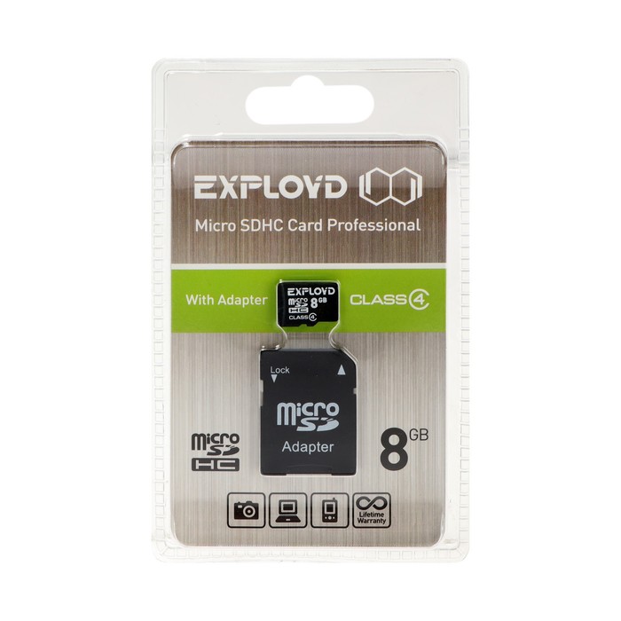 Карта памяти Exployd MicroSD, 8 Гб, SDHC, класс 4, с адаптером SD