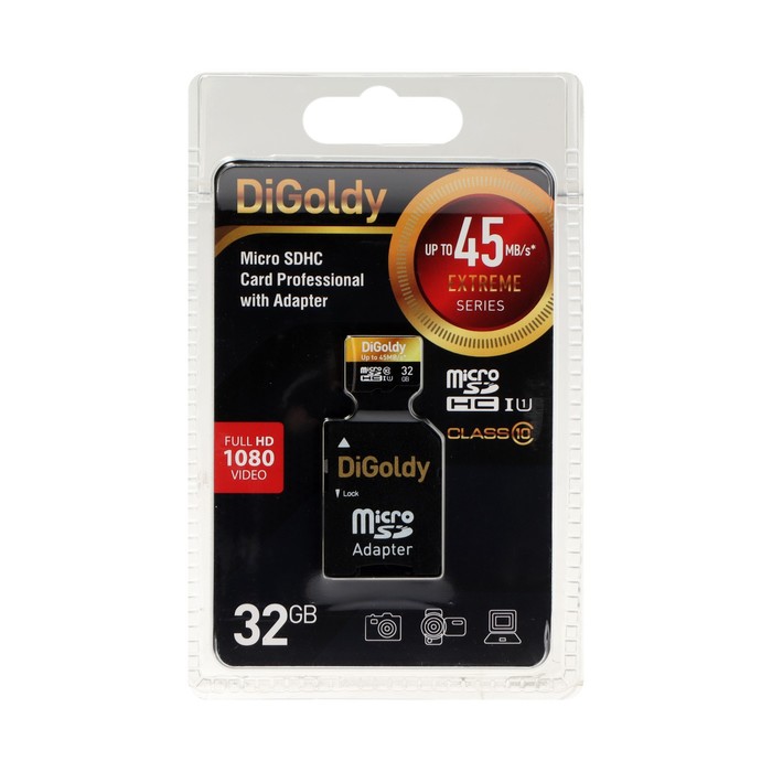 Карта памяти Digoldy MicroSD, 32 Гб, SDHC, UHS-1, класс 10, 45 Мб/с, с адаптером SD цена и фото