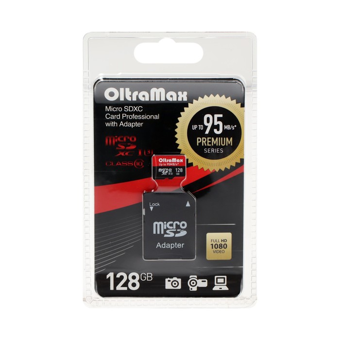 

Карта памяти OltraMax MicroSD, 128 Гб, SDHC, UHS-1, класс 10, 95 Мб/с, с адаптером SD