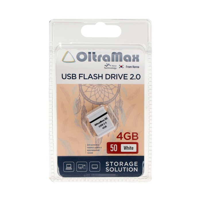 Флешка OltraMax 50, 4 Гб, USB2.0, чт до 15 Мб/с, зап до 8 Мб/с, белая