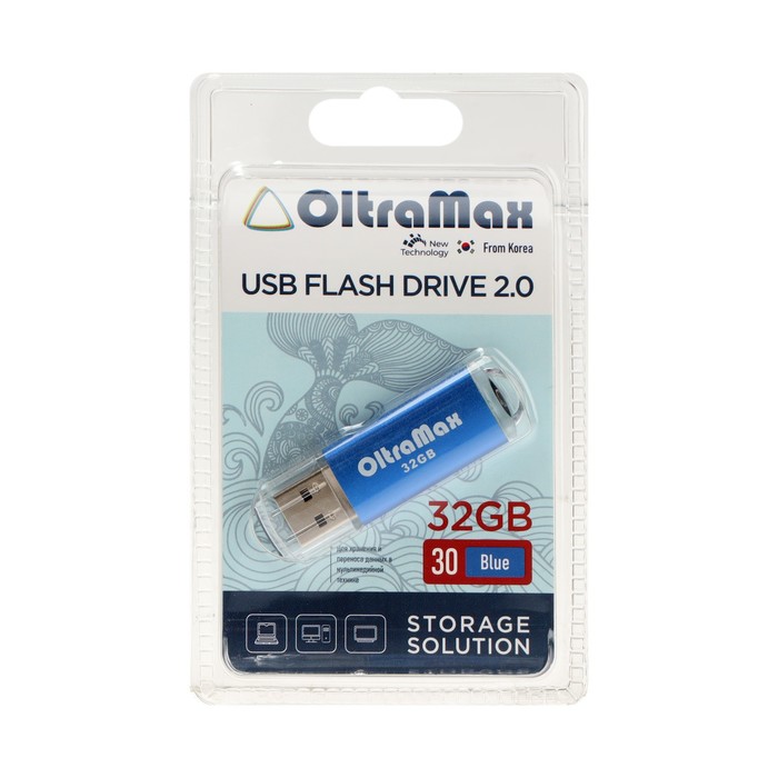 

Флешка OltraMax 30, 32 Гб, USB2.0, чт до 15 Мб/с, зап до 8 Мб/с, синяя