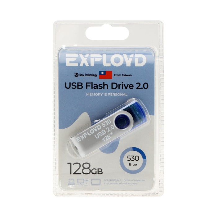 

Флешка Exployd 530, 128 Гб, USB2.0, чт до 15 Мб/с, зап до 8 Мб/с, синяя