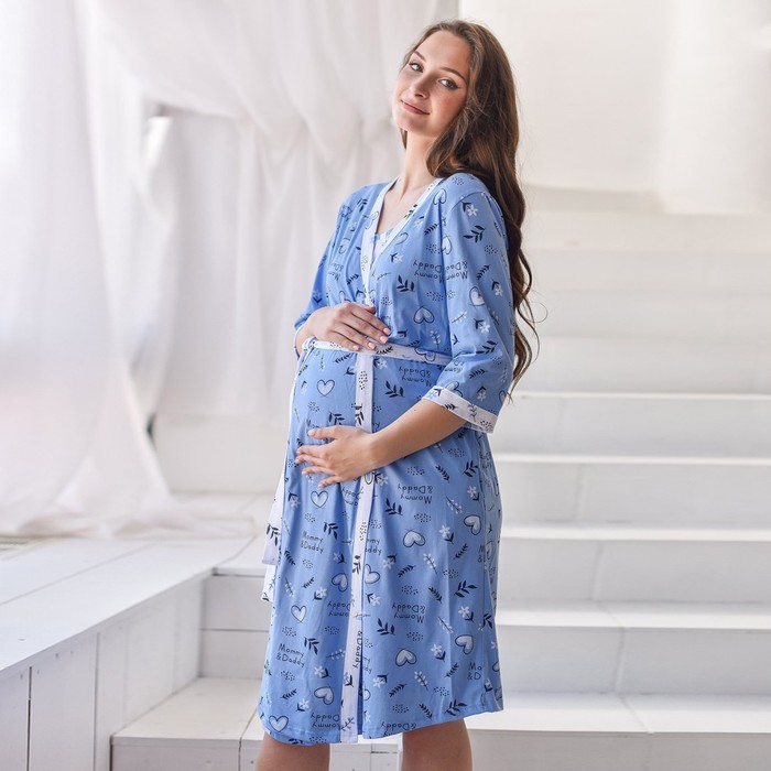 Комплект женский (сорочка/халат) для беременных, цвет голубой, размер 46