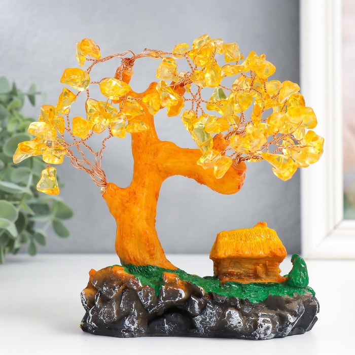 Сувенир бонсай "Денежное дерево с янтарём - домик" 90 камней 18х17х5,5 см