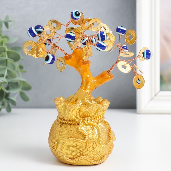 Сувенир бонсай "Денежное дерево в золотом мешке" 16 глазиков, 32 монеты 15х6,5х6 см