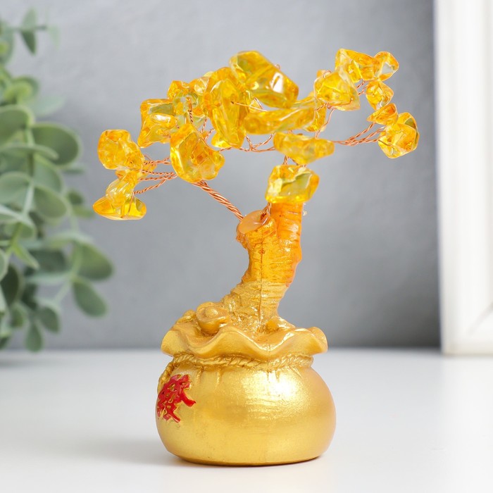 Сувенир бонсай "Денежное дерево с янтарём в золотом мешке" 36 камней МИКС 11,5х4,5х4,5 см