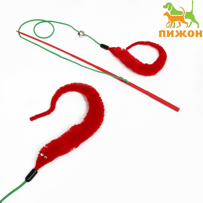 Дразнилка-удочка "Червячок на рыбалке" с бубенчиком, 30 см, красная