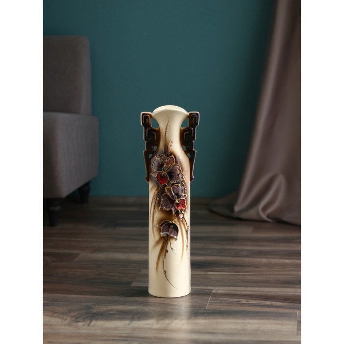 Ваза керамическая Сакура, напольная, белая, цветы микс, 53 см
