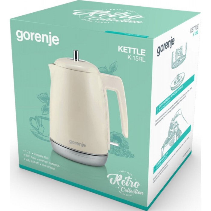 

Чайник Gorenje K15RL, электрический, металл/пластик, 1.7 л, 2200 Вт, бежевый