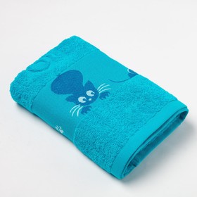 Полотенце махровое с бордюром Кошки, цвет бирюзовый, размер 30х60см, 380г/м 100% хлопок Ош