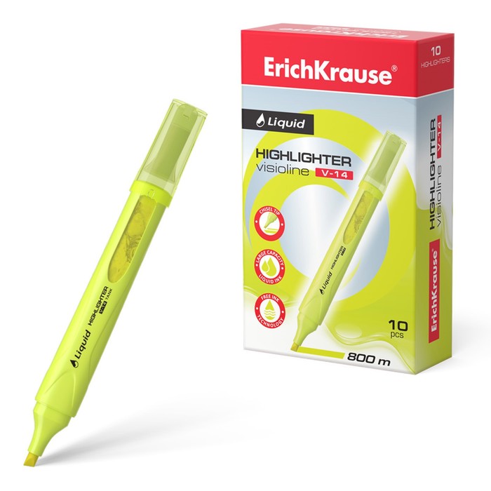 

Маркер текстовыделитель ErichKrause Liquid Visioline V-14 Neon, 0.6-4.0 мм, жидкие чернила на водной основе, жёлтый