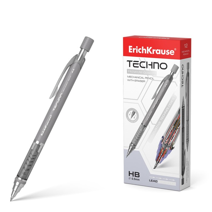 

Карандаш механический с ластиком ErichKrause "Techno", НВ, грифель d=0.9 мм, в коробке, микс