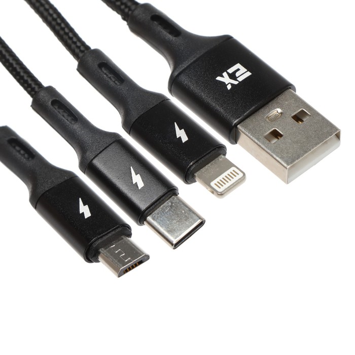 

Кабель 3 в 1 Exployd EX-K-1417, USB - microUSB/Lightning/Type-C, 2.4 А, 1.2м, нейлон, черный