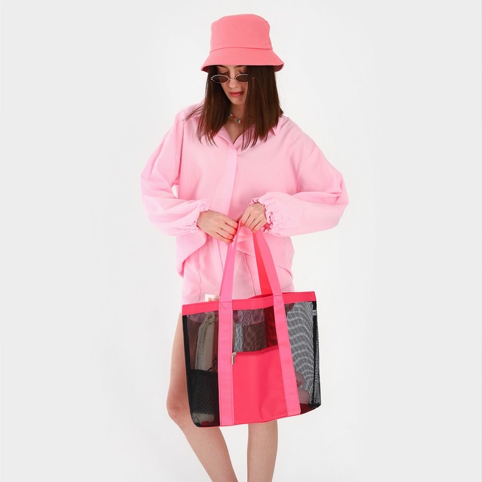 Сумка-шоппер пляжная , 33*32*11 см, с сеткой, цвет розовый