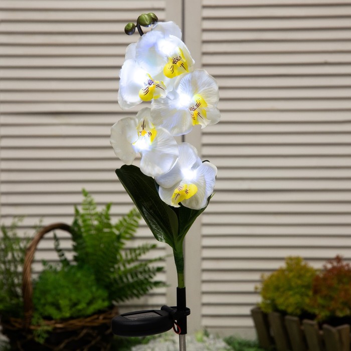 Садовый светильник на солнечной батарее «Белая орхидея», 74 см, 5 LED, свечение белое