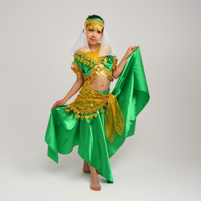 Карнавальный костюм Восточный Азиза в юбкезелено-желтый,блузка,юбка,косынка,повязка,р-р34, карнавальный костюм цыганка блузка юбка косынка парик р 48 50 рост 170 см цвет оранжево зелёный