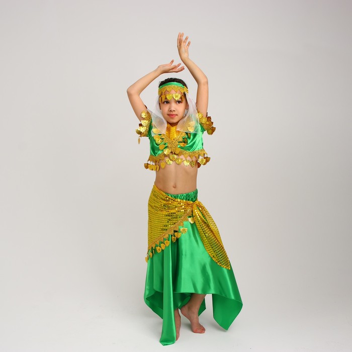 Карнавальный костюм Восточный "Азиза в юбке"зелено-желтый,блузка,юбка,косынка,повязка,р-р34,
