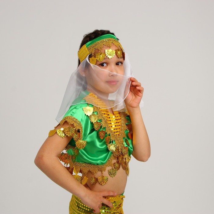 Карнавальный костюм Восточный "Азиза в юбке"зелено-желтый,блузка,юбка,косынка,повязка,р-р36,