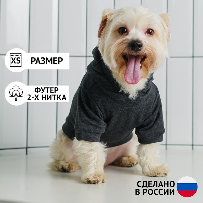 фото Толстовка однотонная для собак (футер), размер xs (дс 20, ош 24-25, ог 32-36), серая пушистое счастье