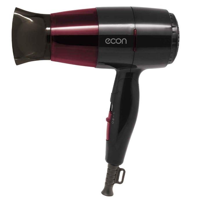 Фен Econ ECO-BH167D, 1600Вт, 2 скорости, 2 режима, складной, цвет чёрный-бордовый фен econ eco bh167d