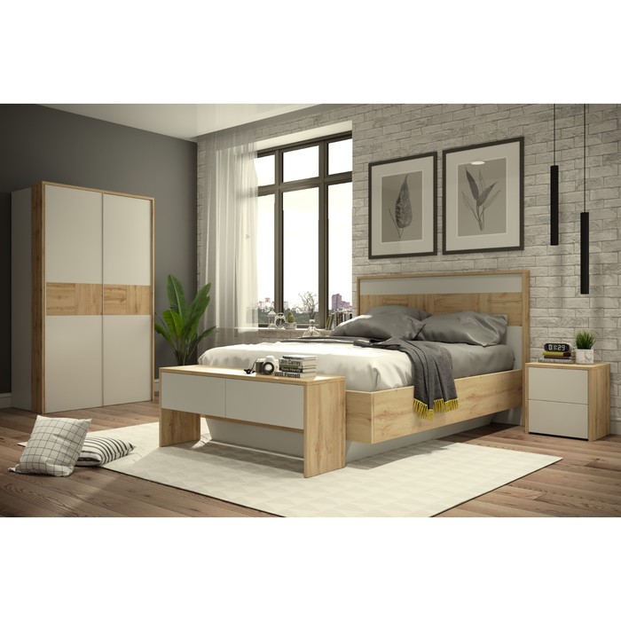 Спальня «Аризона 4», кровать, тумба, шкаф-купе, банкетка, цвет дуб вотан / белый