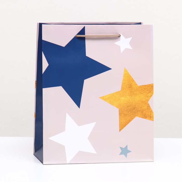 Пакет подарочный "Звезды на бежевом" 18 х 22,3 х 10 см