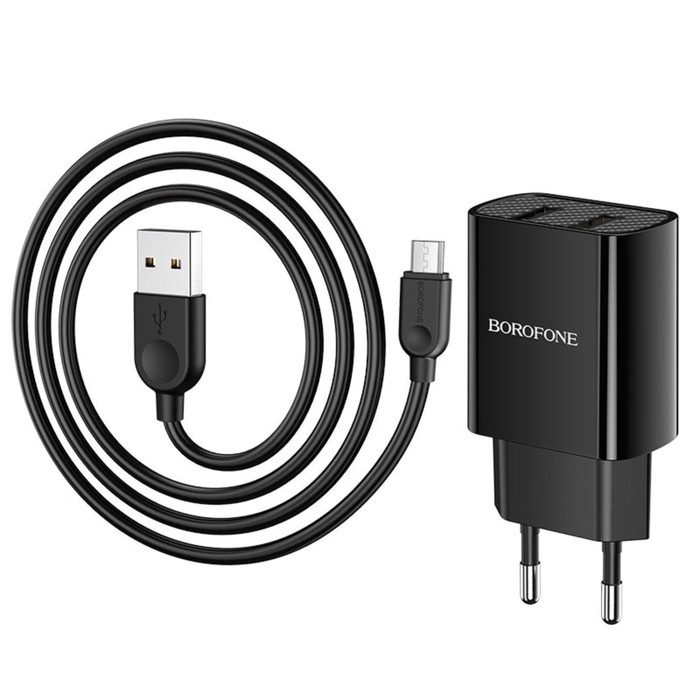фото Сетевое зарядное устройство borofone ba53a, 2xusb, 2.1 а, кабель microusb, 1 м, чёрное