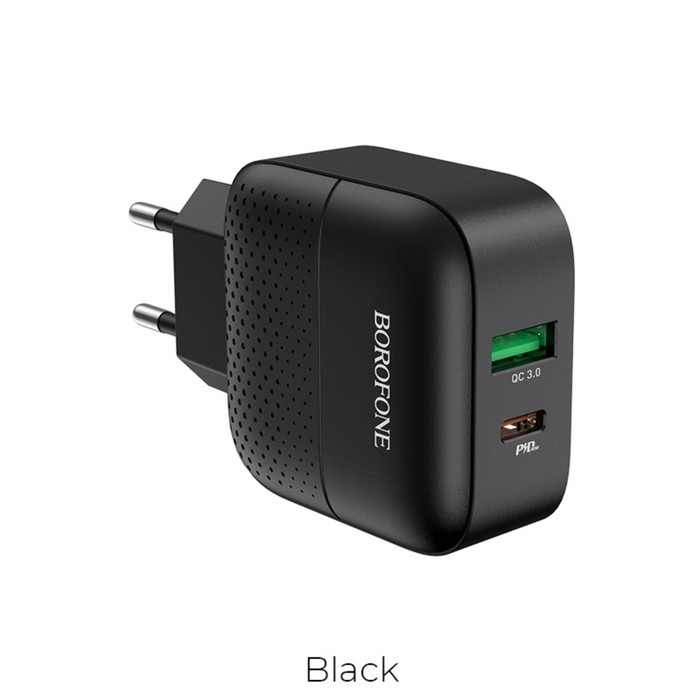 Сетевое зарядное устройство Borofone BA46A, USB QC3.0 3 А, Type-C PD 3 А, чёрное сетевое зарядное устройство borofone ba46a usb qc3 0 3 а type c pd 3 а чёрное