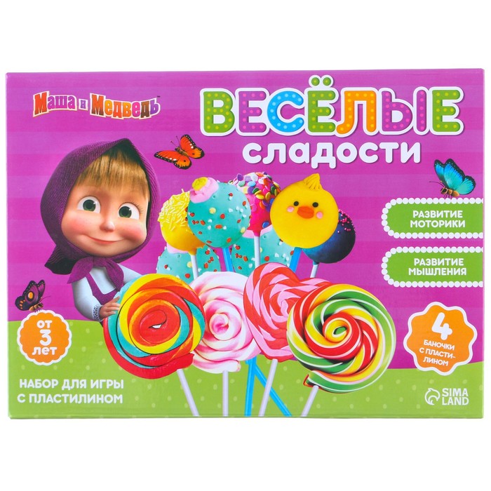 Игровой набор для лепки "Весёлые сладости", Маша и Медведь, 4 баночки с пластилином