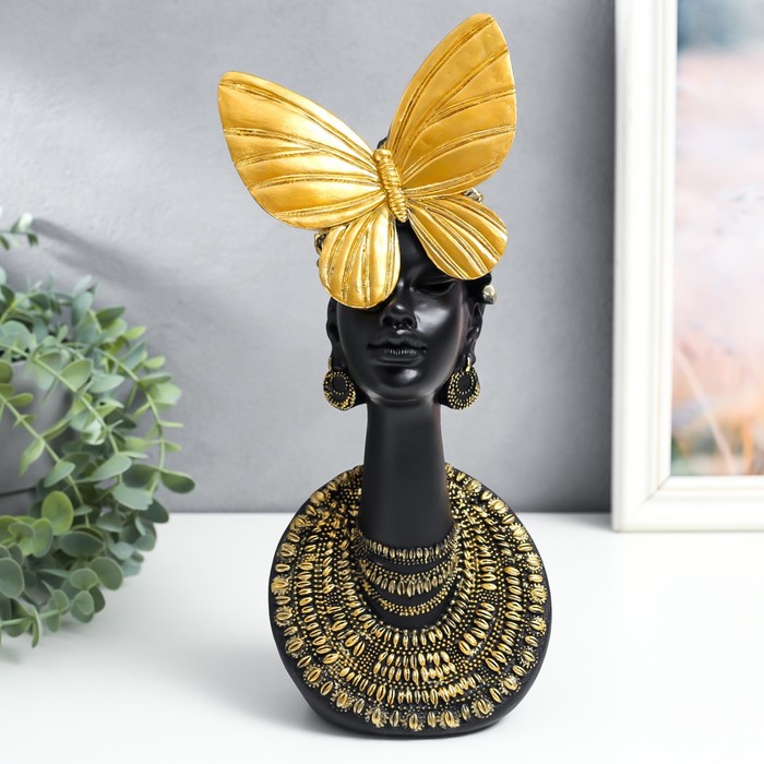Сувенир полистоун бюст Африканка с бабочкой на голове чёрный с золотом 13х10х31,5 см