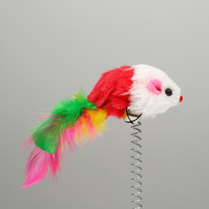 фото Дразнилка "мышь на присоске", искусственный мех с цветными перьями,24 см, мышь красная/белая пижон