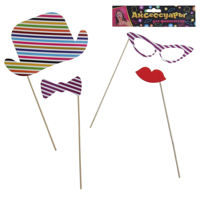 Аксессуары для фотосессии на палочке, 4 предмета: шляпа,бабочка, очки, губы, в полоску