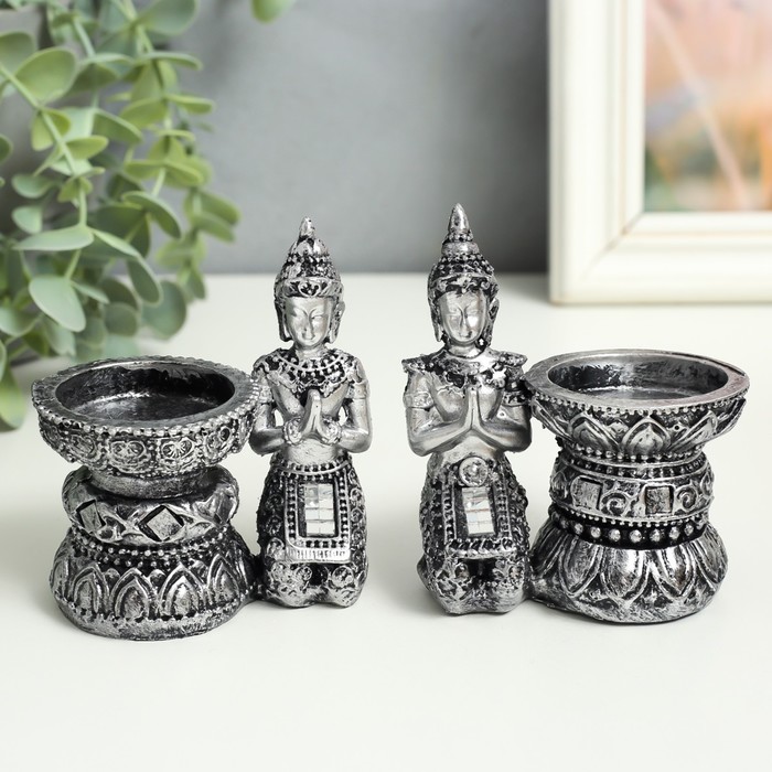 Сувенир полистоун подсвечник Будда в серебристых одеждах МИКС 9,5х8,5х5,3 см цена и фото