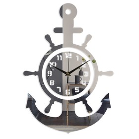 Часы - наклейка "Якорь", 45 х 31 см, 1 ААА, серебро