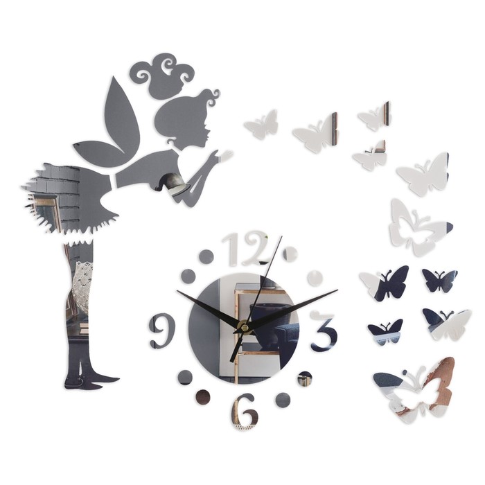 Часы-наклейка Фея с бабочками, 60 х 60 см, 1 АА, серебро