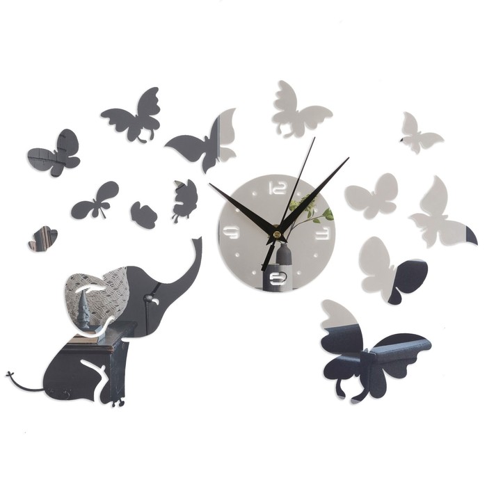 Часы-наклейка, серия: DIY, Слоник, бабочки, d-10 см, композиция 30 х 55 см, 1 ААА, серебро