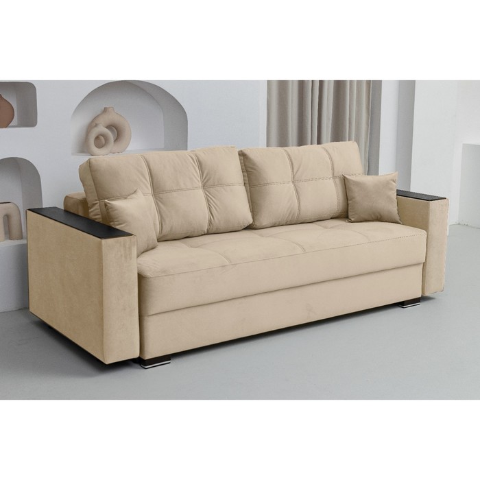 Прямой диван «Кардинал», подлокотники с МДФ, механизм тик-так, НПБ, цвет selfie cream