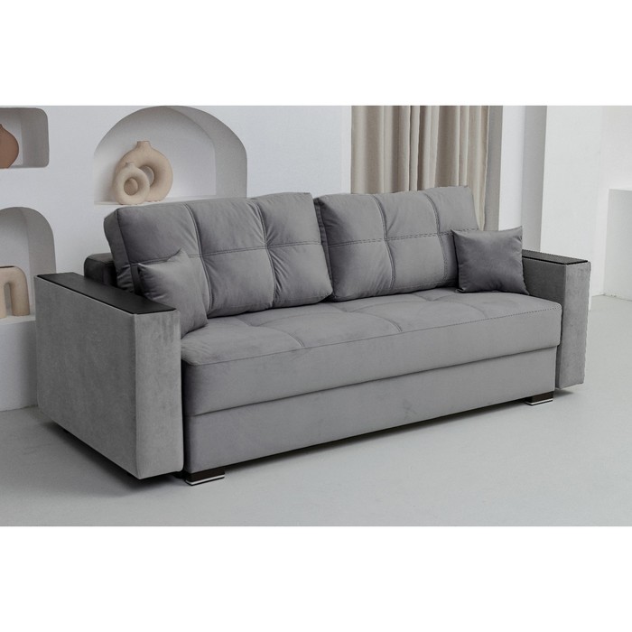 Прямой диван «Кардинал», подлокотники с МДФ, механизм тик-так, НПБ, велюр, ultra silver