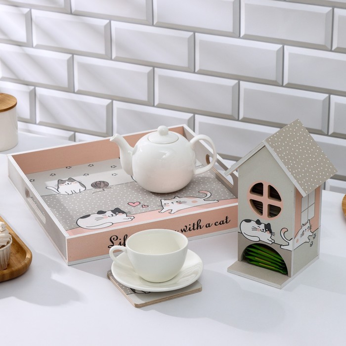 Набор посуды Доляна «Котики», поднос 32×32×4,5 см, чайный домик, подставка под кружку в подарок