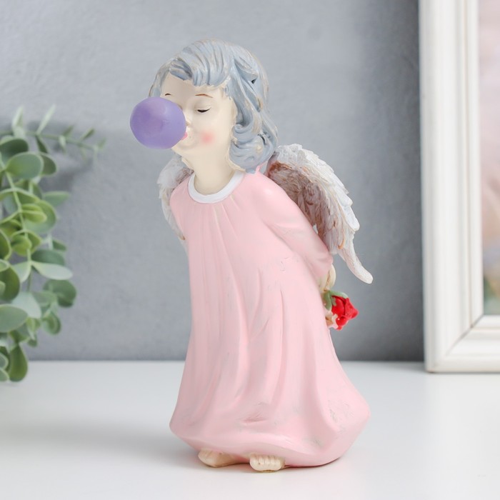 Сувенир полистоун Ангел с розой, надувает пузырь 8х8х18 см