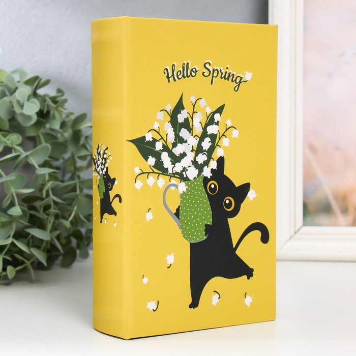 Сейф-книга дерево кожзам "Чёрный кот с ландышами в вазе" 21х13х5 см
